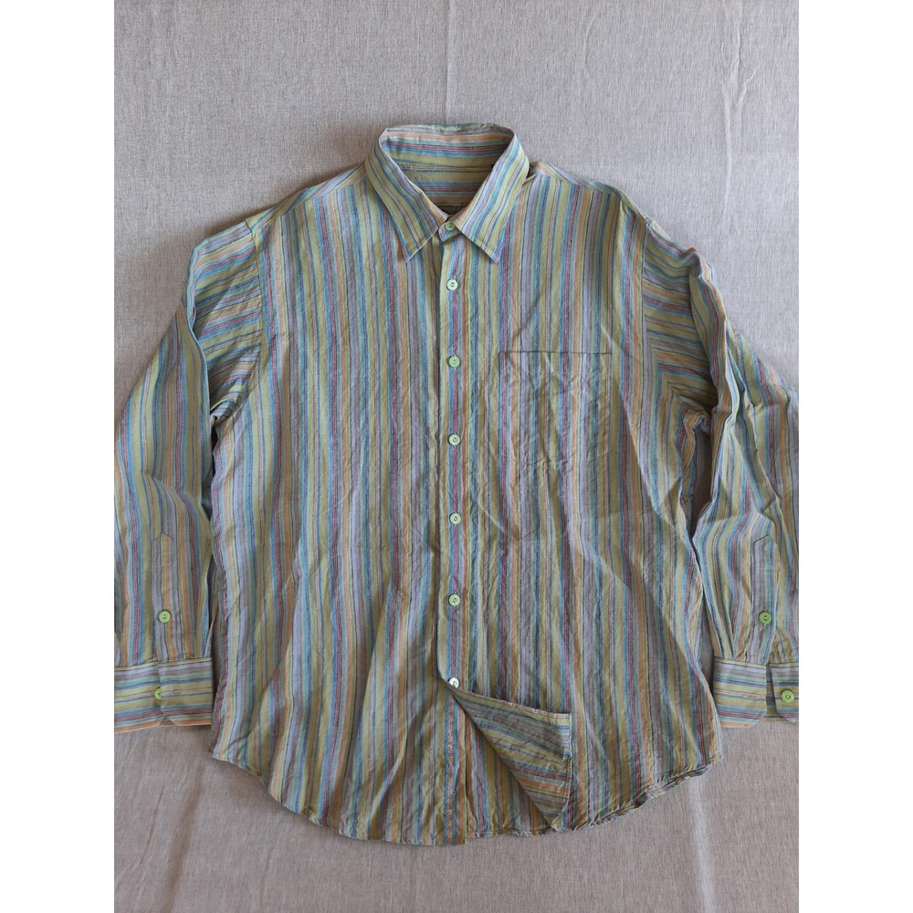 Bugatchi Uomo Men Medium Stripe Multicolor Pocket Summer Button Shirt Pure Linen